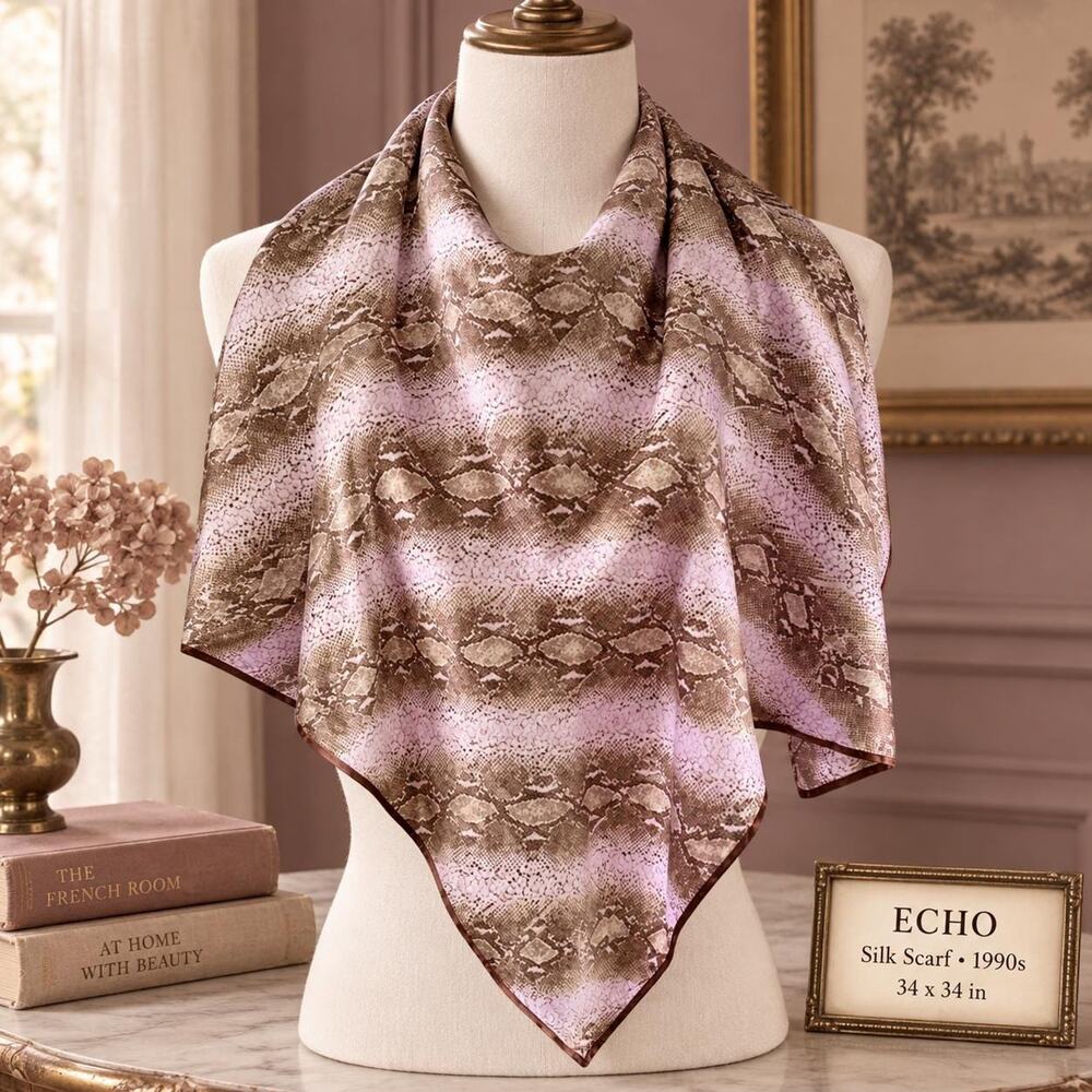 Vintage Echo Silk Scarf 1990s Python Snake Print Mauve Brown 34x34